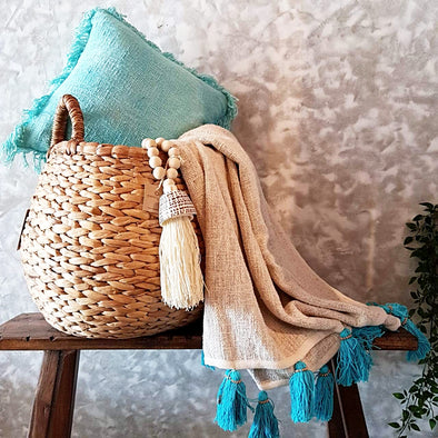 Natural Raw Cotton Throw With Light Blue Beaded Tassels - Canggu & Co