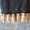 Black Raw Cotton Throw With White Stitched Hem And Beaded Tassels - Canggu & Co
