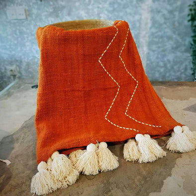 Orange Raw Cotton Throw With Zigzag Stitch Pattern - Canggu & Co