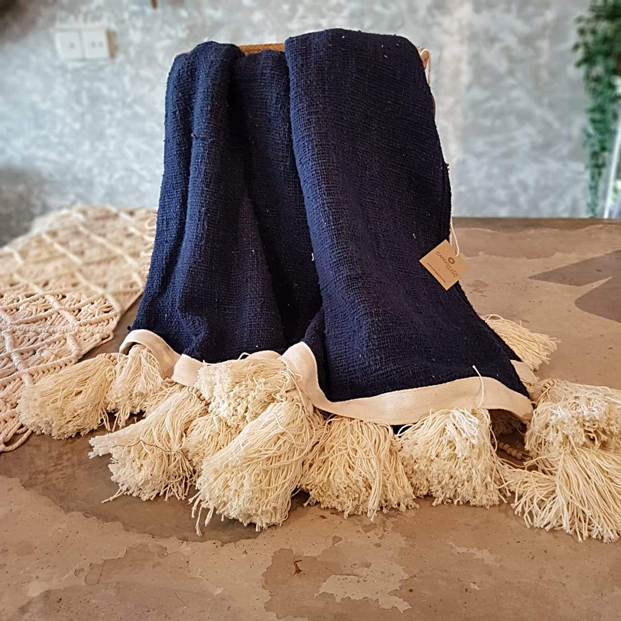 Navy Blue Raw Cotton Throw With Beaded Tassels Canggu Co