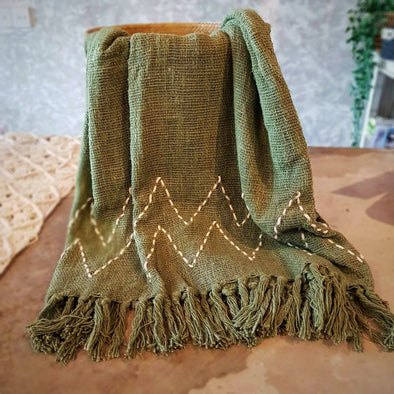 Soft Green Raw Cotton Throw With Stitch Pattern - Canggu & Co