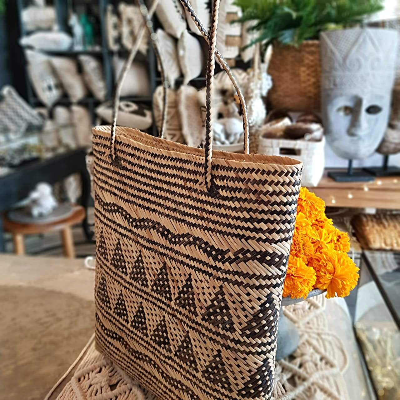Natural Woven Bamboo Square Bag With Ethnic Motif Canggu Co