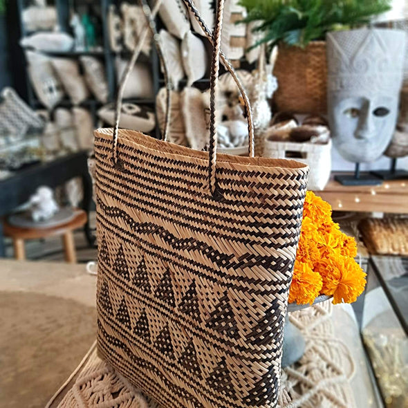 Natural Woven Bamboo Square Bag With Ethnic Motif - Canggu & Co