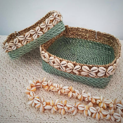 Square Raffia Basket Sets With Cowrie Shells - Canggu & Co