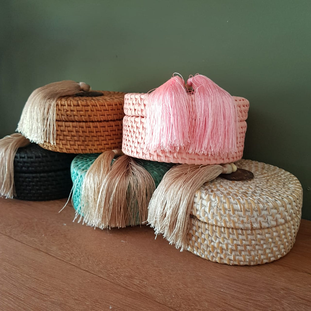 Round Rattan Boxes With Twin Tassels – Canggu & Co