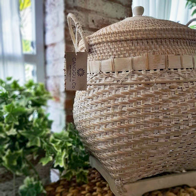 Large White Washed Bamboo Basket With Lid - Canggu & Co