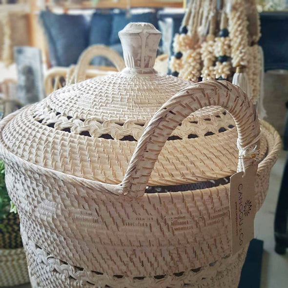 Large Whitewashed Rattan Basket With Lid - Canggu & Co