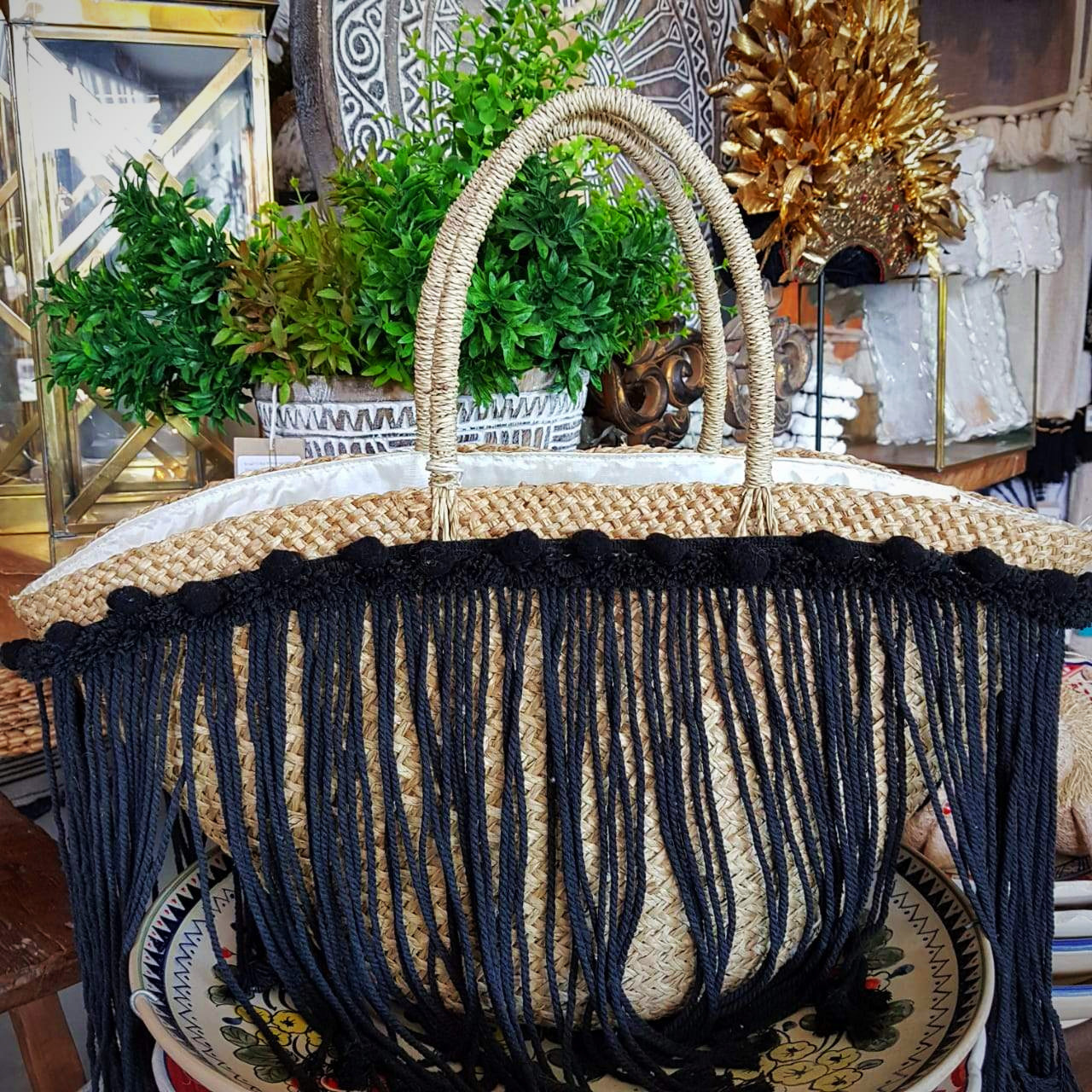 Large Natural Straw Grass Tote Bags With Pompoms Long Fringe