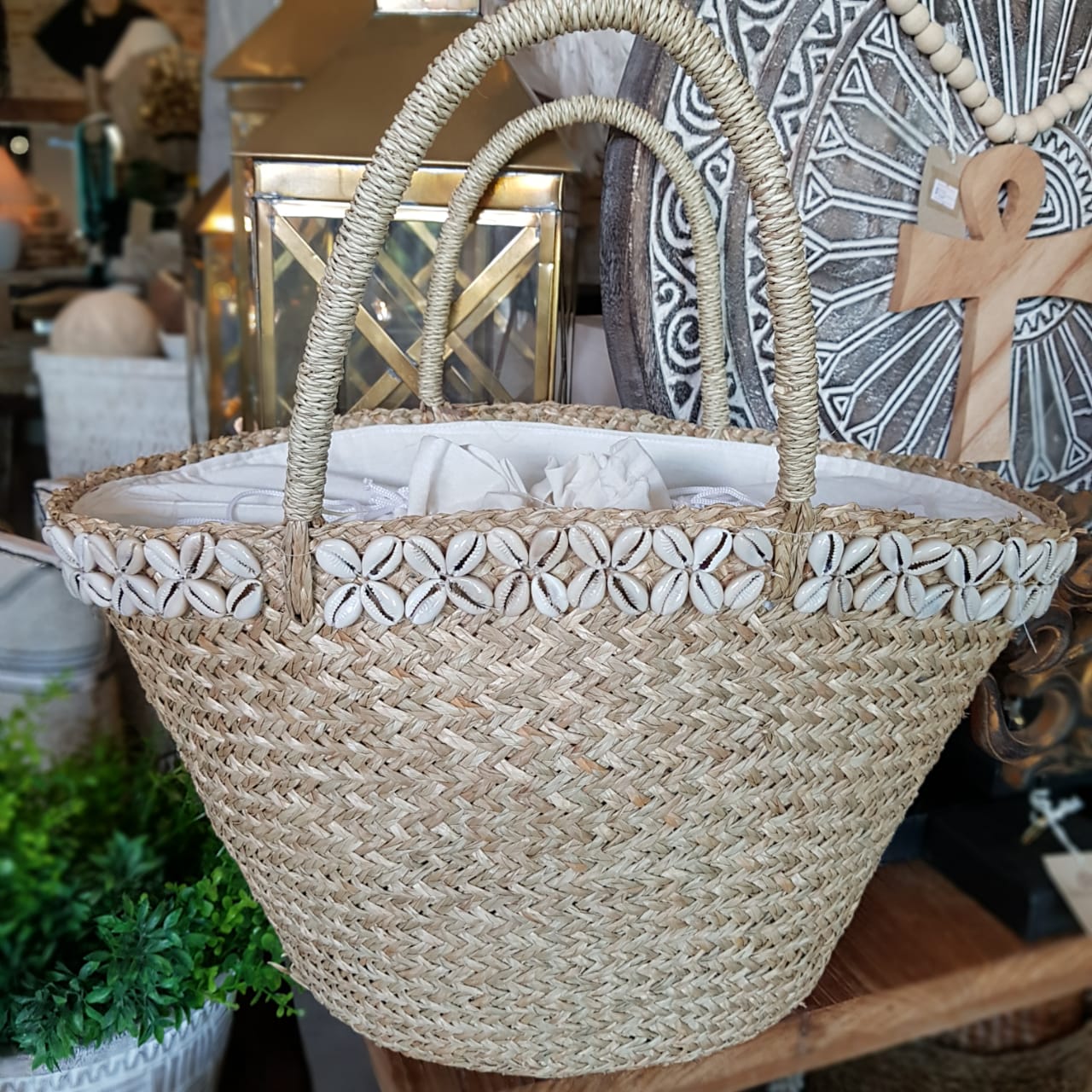 Large Natural Straw Grass Beach Bag With Shells Canggu Co