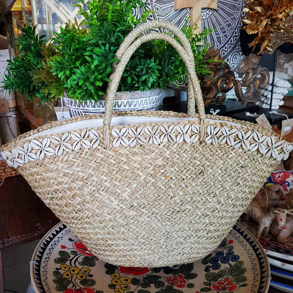 Large Natural Straw Grass Beach Bag With Shells Canggu Co