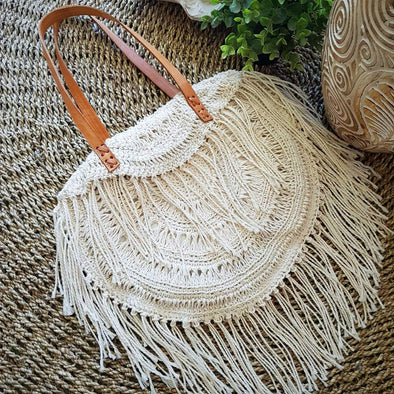 Natural Woven Cotton Macrame Hand Bag With Leather Straps - Canggu & Co