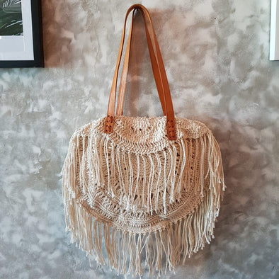Natural Woven Cotton Macrame Hand Bag With Leather Straps - Canggu & Co