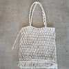 White Woven Cotton Square Shaped Macrame Bag With Fringe - Canggu & Co