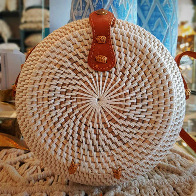 Woven Rattan Globe Shaped Bag With Leather Strap - Canggu & Co