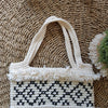Natural Woven Black & White Square Shaped Macrame Bag With Fringe - Canggu & Co