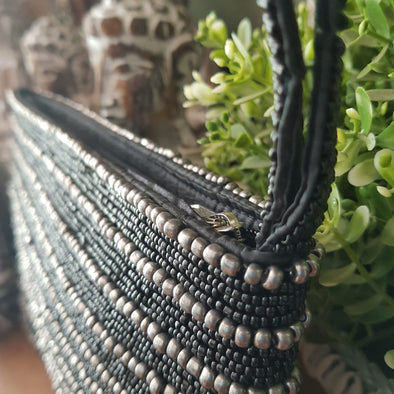 Black & Silver Woven Beaded Clutch With Strap - Canggu & Co