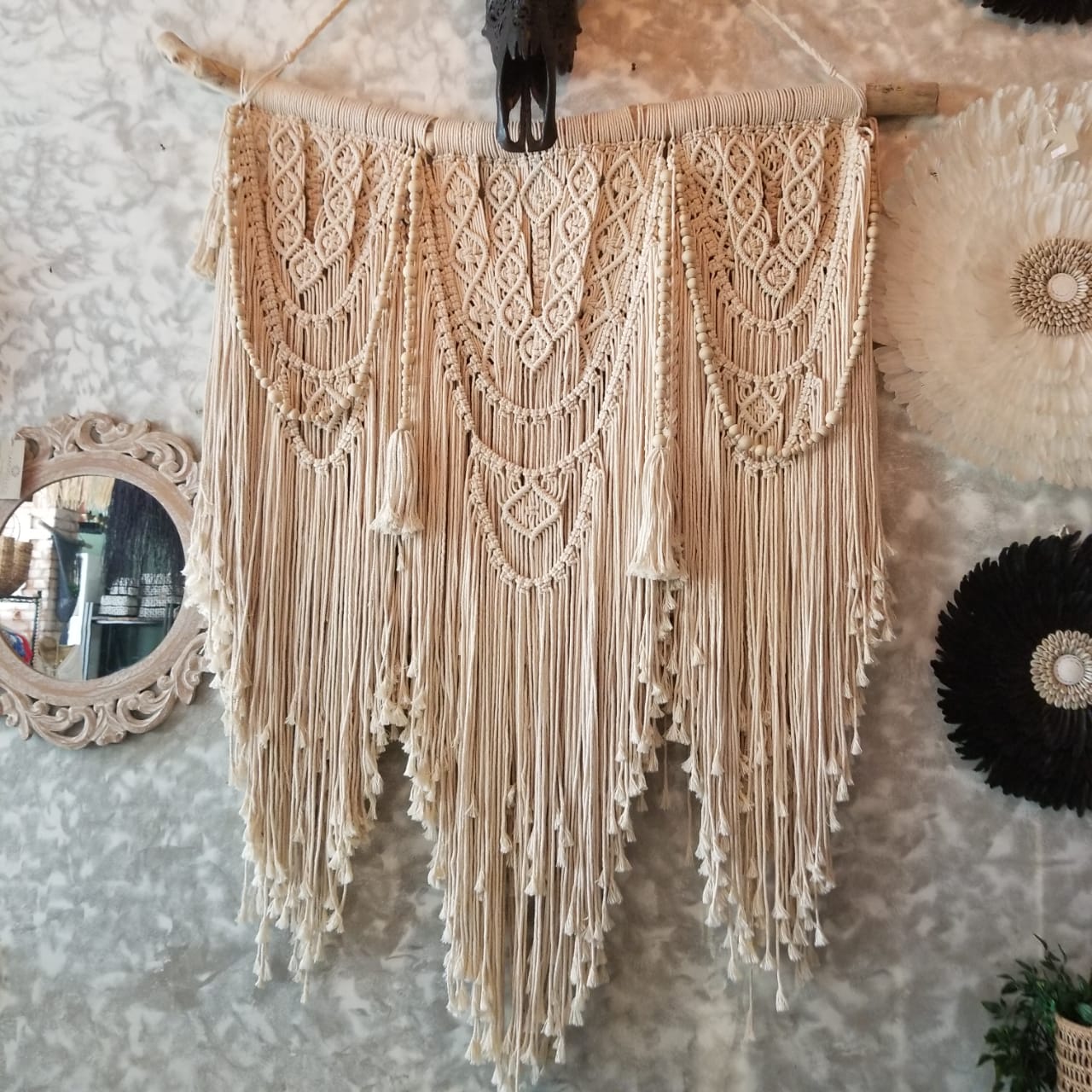 Cream Macrame Wall Hanging with Beads on Branch