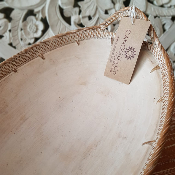 Medium Whitewashed Oval Wooden Bowl with Rattan Handles - Canggu & Co