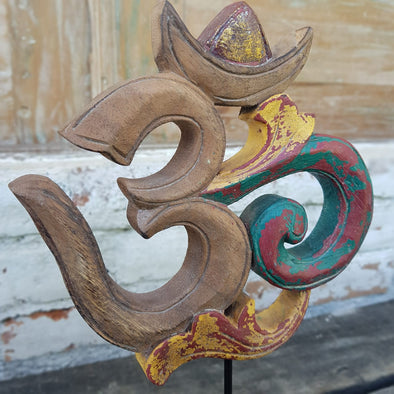 Antique Wooden Yellow & Green Om Symbol With Stand - Canggu & Co