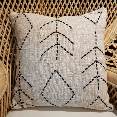 Line Stitch Motif Raw Cotton Cushion With Fringe - Canggu & Co