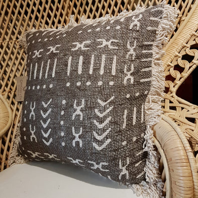 Natural Cotton Cushion With Abstract Motifs And Fringe - Canggu & Co