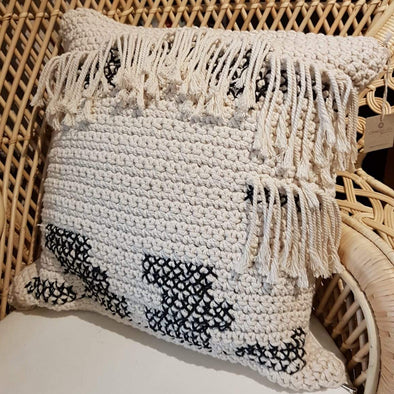 Black and White Woven Macrame Cushion With Fringe - Canggu & Co