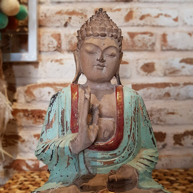 Carved Antique Green & Red Wooden Meditating Buddah - Canggu & Co