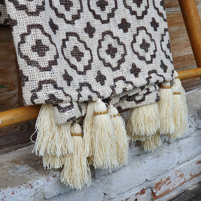 Brown Cross Pattern Motif Raw Cotton Throw with Tassels - Canggu & Co
