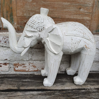 Carved White Washed Wooden Elephant - Canggu & Co