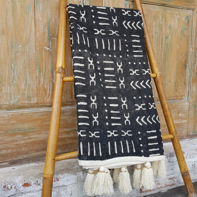 Black Abstract Motif Raw Cotton Throw With Tassels - Canggu & Co