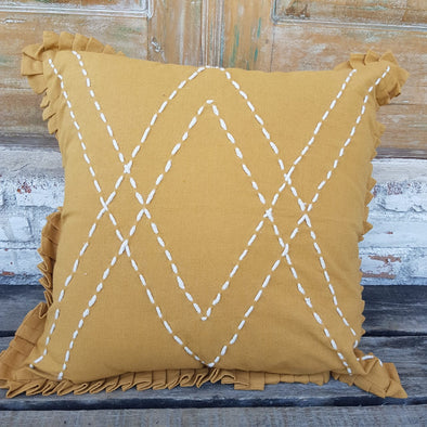 Mustard Colored Linen Cotton Cushion With Ruffle Fringe - Canggu & Co