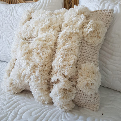 Knitted Macrame Cushion With Fluffy Soft Poms - Canggu & Co