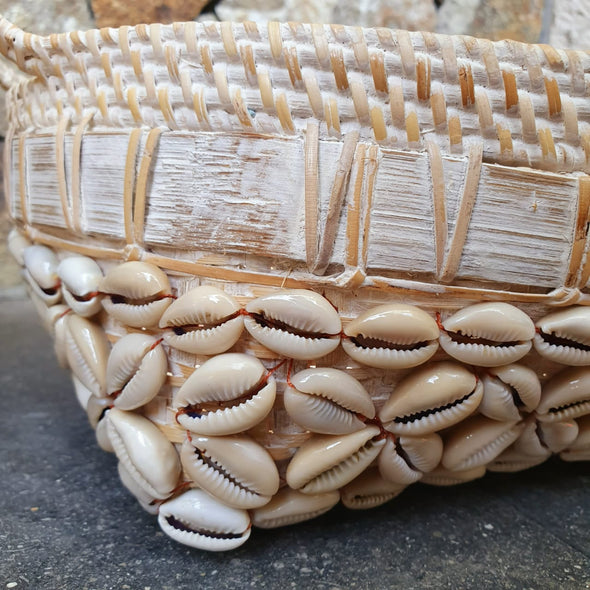 Whitewash Round Rattan & Bamboo Basket Tray With Handles - Canggu & Co