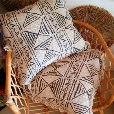 Natural Raw Cotton Cushions With Boho Motifs And Fringe