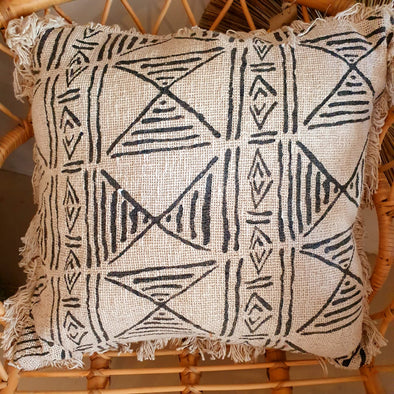 Natural Raw Cotton Cushions With Boho Motifs And Fringe
