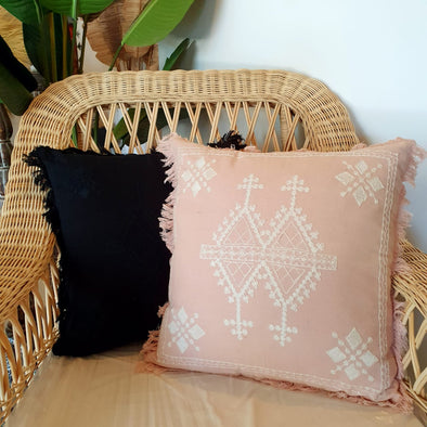 Embroided Boho Motif On Soft Cotton Cushion With Fringe