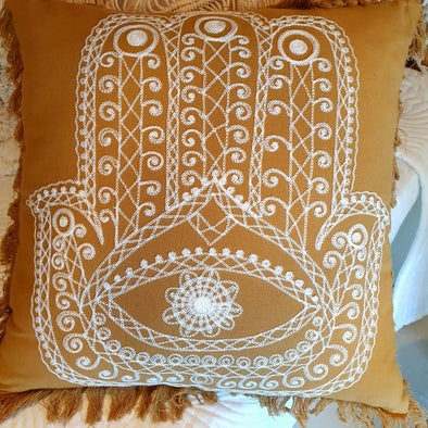 Embroided Motif On Soft Yellow Cotton Cushion With Fringe
