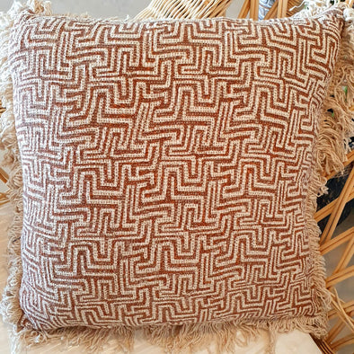 Coral Print Pattern Cotton Cushion With Fringe