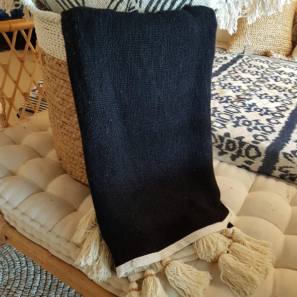 Black Raw Cotton Throw With Natural Beaded Tassels