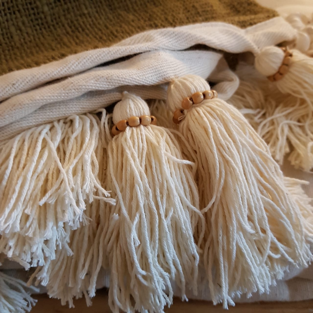 Forest Green Raw Cotton Throw With Natural Beaded Tassels – Canggu & Co
