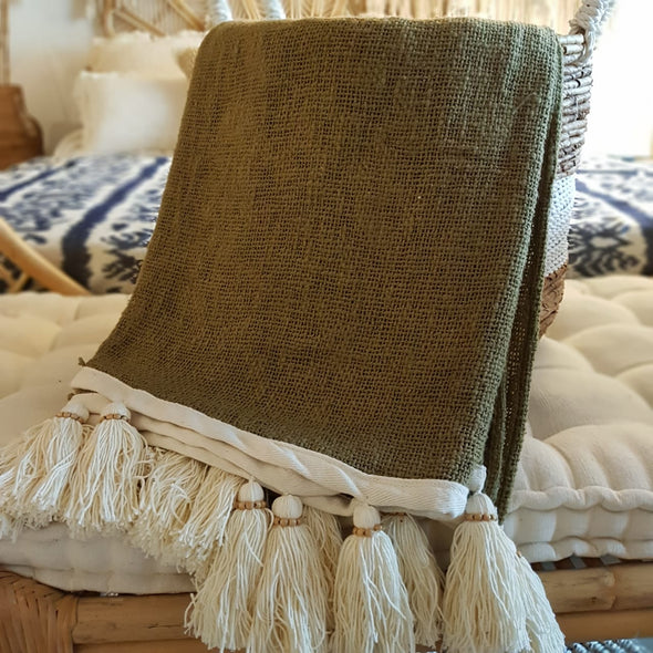Forest Green Raw Cotton Throw With Natural Beaded Tassels