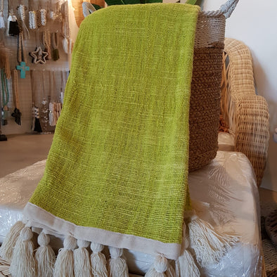 Lime Yellow Raw Cotton Throw With Natural Tassels