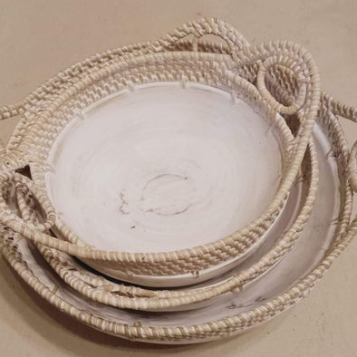 Small Whitewash Round Wooden Bowl Or Tray with Rattan Handles