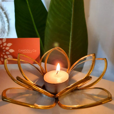 Glass & Brass Lotus Flower Tea Light Candle Holder