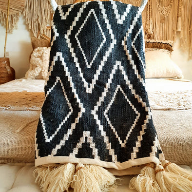 Black Diamond Motif Raw Cotton Throw with Beaded Tassels