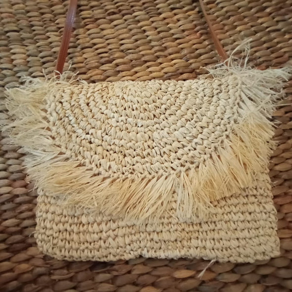 Small Natural Woven Straw Grass Bag with Leather Strap