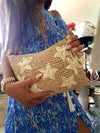 Natural Woven Straw Grass Clutch With Black Stars