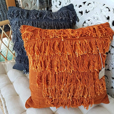 Orange & Navy Blue Raw Cotton Cushions With Fringe - Canggu & Co