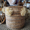 Natural Woven Banana Leaf Round Basket With Grass Pom-Poms - Canggu & Co