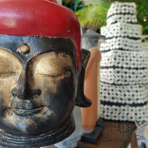 Antique Black & Red Wooden Buddha Head Wooden